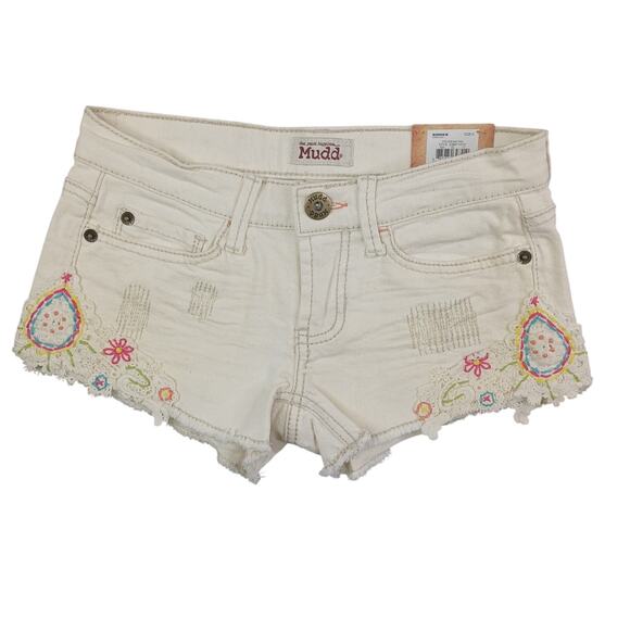 Y2K Mudd Crochet Low Denim Short Size 0 Cream Cutoff Shortie Festival Indie Boho - Picture 1 of 12